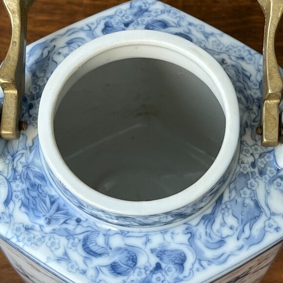 Chinese Porcelain Hexagonal Teapot Brass Handle White & Blue without Lid - Picture 13 of 16